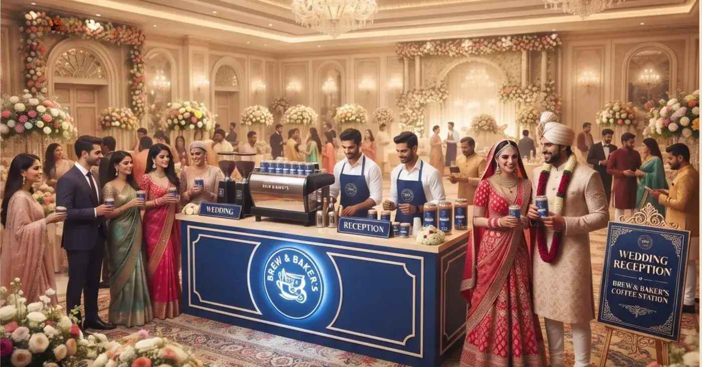 Illustration of a Brew & Baker's live coffee counter at a wedding reception, baristas serving guests personalised cans