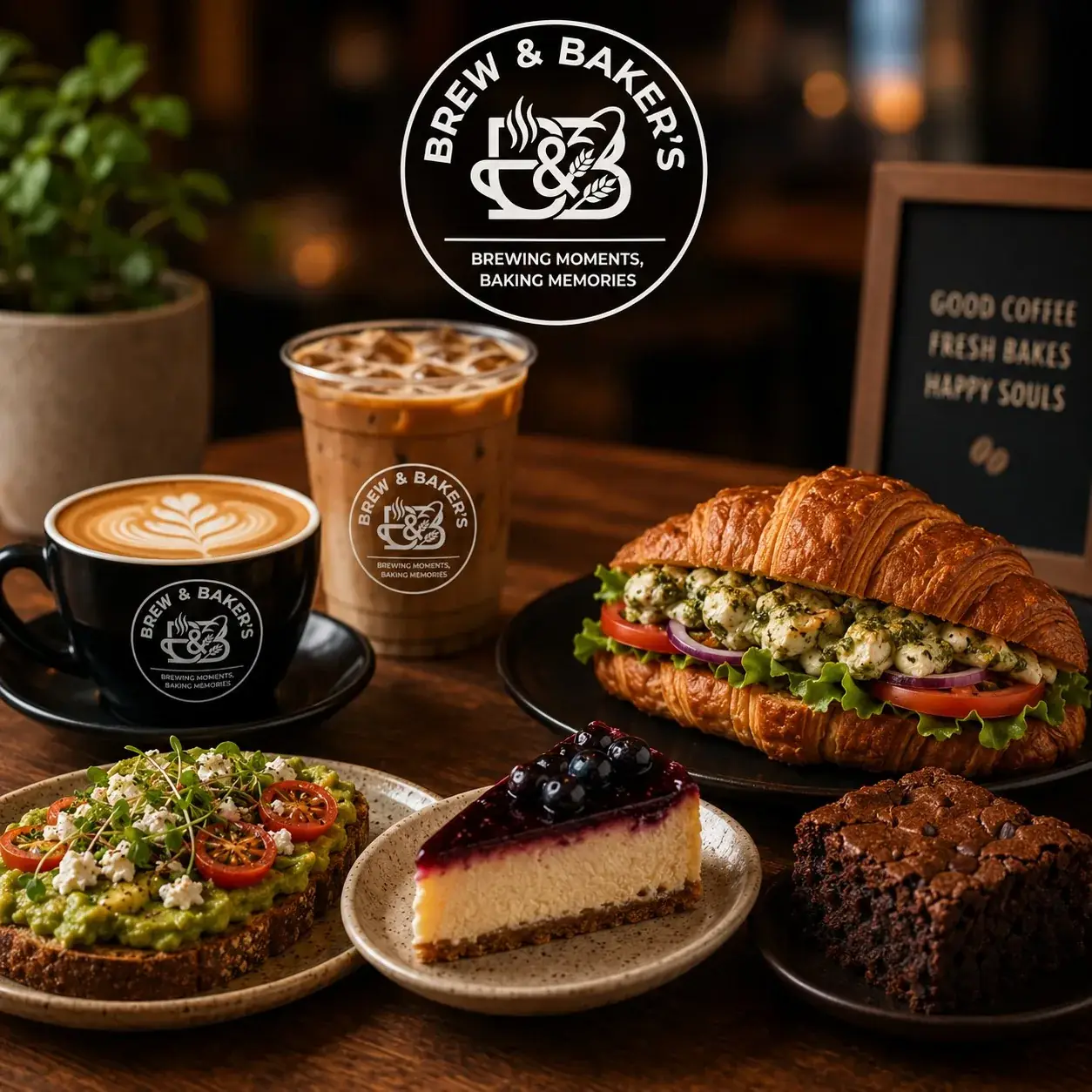 A Brew & Baker's spread: avocado toast, a croissant sandwich, blueberry cheesecake and a brownie beside a latte and an iced coffee