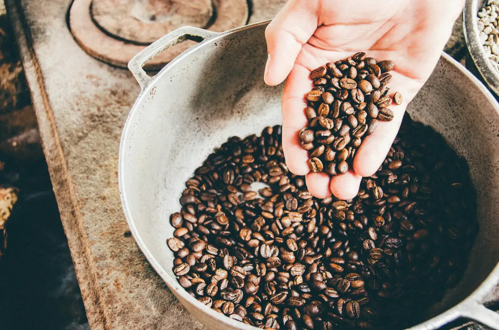 Medium-dark roasted coffee beans, fresh from the roaster